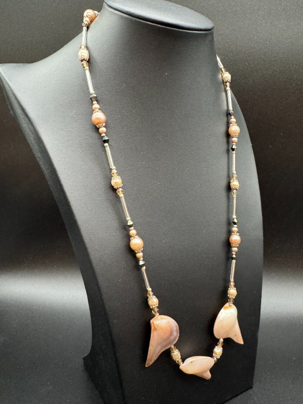 Beaded Necklace Golden Lip Oyster Pearls with Silver Tone Tube Beads 22 inches